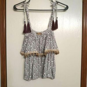 Skemo Girls Sz XL Top Pom Poms Ruffle Tie Straps Tassel Beige Blue